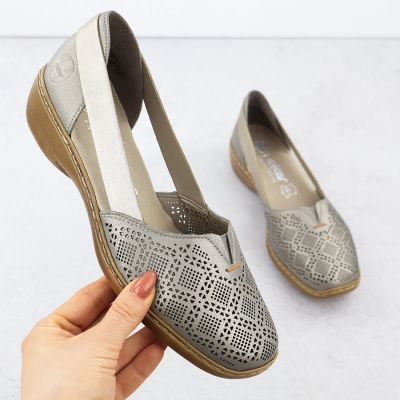 2. Skórzane półbuty damskie ażurowe komfort bezowe Rieker 41351-90