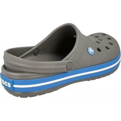 Klapki Crocs Crocband M 11016 w kolorze szarym z elementami w odcieniu białym i niebieskim, materiał Croslite, otwory na ozdoby Jibbitz
