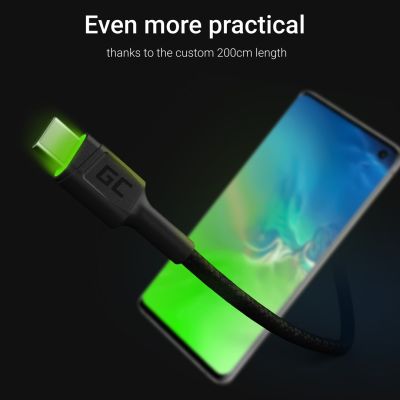 4. GREEN CELL KABEL KABGC13 GC RAY USB - USB-C 200CM, ZIELONY LED, SZYBKIE ŁADOWANIE ULTRA CHARGE, QC 3.0