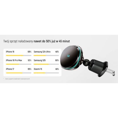 15. Uchwyt samochodowy Wozinsky WCT5-Q6S2Y z ładowarką indukcyjną Qi/MagSafe 15W na kratkę wentylacji z wentylatorem - czarny