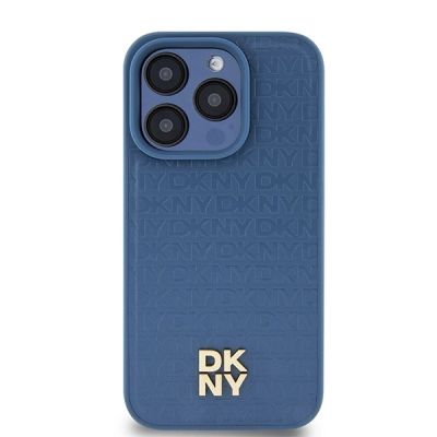 3. Etui DKNY Leather Monogram Pattern Metal Logo MagSafe na iPhone 15 Pro - niebieskie