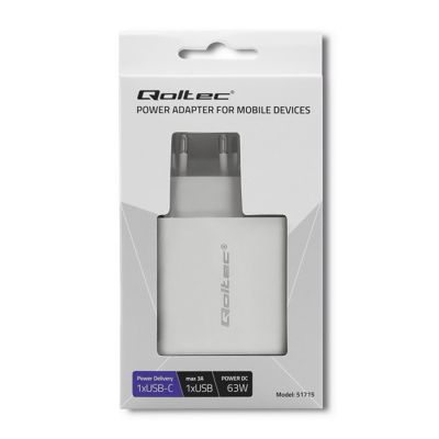 5. QOLTEC ŁADOWARKA SIECIOWA 63W | 5-20V | 1.5-3A | USB TYP C PD | USB QC 3.0 | BIAŁA