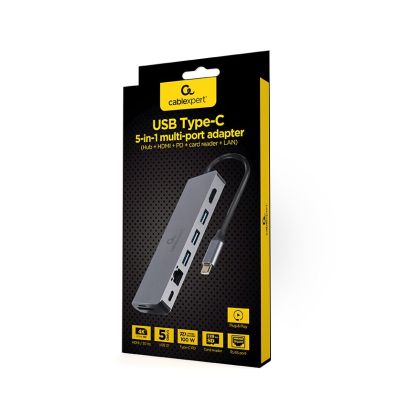 5. GEMBIRD MULTI ADAPTER USB TYP-C 5W1 HUB, HDMI, CZYTNIK KART, LAN, PD - 100W)