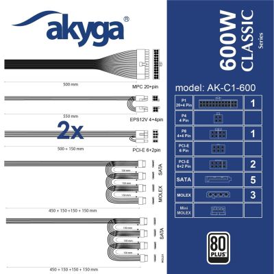 6. Akyga AK-C1-600 moduł zasilaczy 600 W 24-pin ATX ATX Czarny