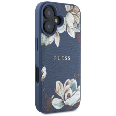 4. Etui Guess Grained Printed Flower Pattern MagSafe do iPhone 16 niebieski