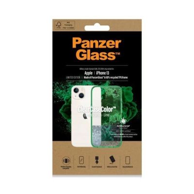 6. Etui PanzerGlass ClearCase antybakteryjne z certyfikatem Military Grade na iPhone 13 / 14 / 15 - przezroczysto-zielone