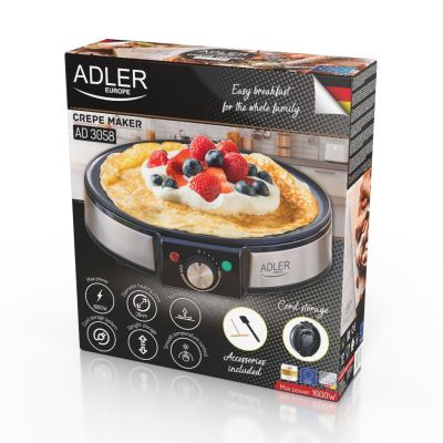 9. Adler AD 3058 urządzenie do smażenia naleśników 1 naleś. 1600 W Czarny, Stal nierdzewna