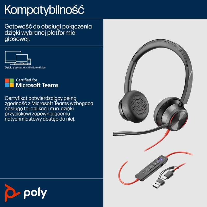 138. Zestaw słuchawkowy POLY Blackwire 8225 Stereo 8X225AA USB-C z certyfikatem Microsoft Teams + przejściówka USB-C/A