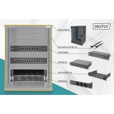 33. Zestaw sieciowy 10 cali: szafa wisząca 9U, półka, listwa zasilająca, 8-port switch, panel kat.6, czarny