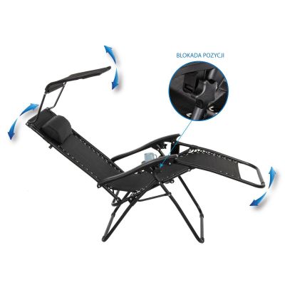 45. LEŻAK OGRODOWY SKŁADANY WIELOFUNKCYJNY Z DASZKIEM 173X52/65X110CM CZARNO-SZARY