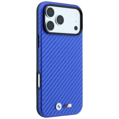 4. Etui BMW M Carbon Metal Logo MagSafe na iPhone 17 Pro / 18 Pro - niebieskie