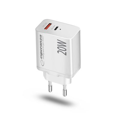 3. ESPERANZA ŁADOWARKA SIECIOWA 20W USB-C PD 20W / USB-A QC 3.0 18W BIAŁA EZC105W