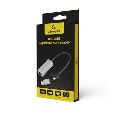 2. GEMBIRD KARTA SIECIOWA USB 3.1 + TYPE-C DO LAN 2.5GB/S SZARY