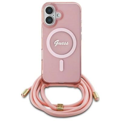 Etui Guess Crossbody Cord Script MagSafe na iPhone 16 - różowe