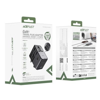 8. Adapter podróżny Acefast Z8 GaN 45W podróżna ładowarka sieciowa 3x USB-C + 2x USB-A z gniazdkiem AC 2500W - czarna