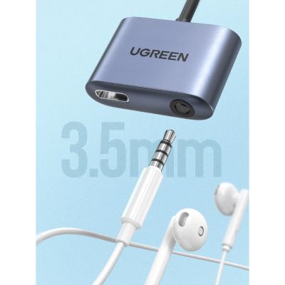 16. Ugreen adapter audio przejściówka USB Typ C (męski) - USB Typ C PD QC (żeński) + mini jack 3,5mm (żeński) szary (CM231)