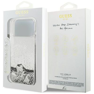 8. Etui Guess Liq. Glitter Charms na iPhone 17 Pro Max - srebrne
