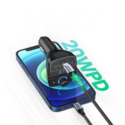 4. Ugreen Transmiter FM Bluetooth 5.0 ładowarka samochodowa MP3 3x USB TF micro SD 4,8 A czarny (CD229)
