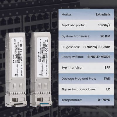 5. Extralink SFP+ 10G | Moduł SFP+ WDM | 10Gbps 1270/1330nm, single mode, 20km, LC, DOM, para, dedykowany dla HP/ARUBA
