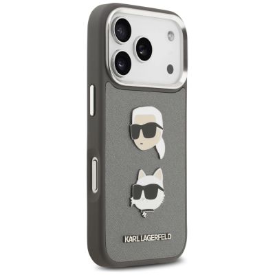4. Etui Karl Lagerfeld FW Grained Karl & Choupette Heads Pins & Logo na iPhone 17 Pro - szare