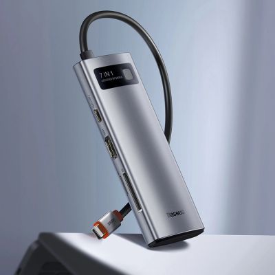 12. Baseus Metal Gleam Series multifunkcjonalny HUB USB 7w1 Typ C HDMI czytnik kart TF PD szary (WKWG020113)
