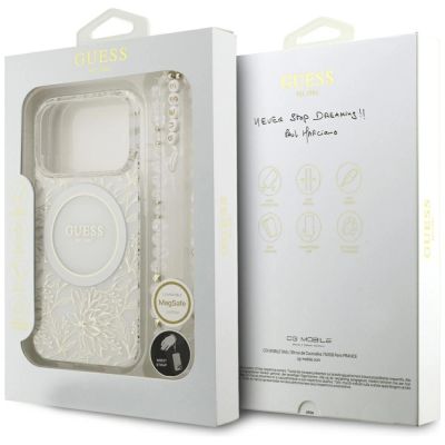 8. Etui Guess IML Flowers Allover Electroplated with Pearl Strap MagSafe na iPhone 18 Pro / 17 Pro - białe