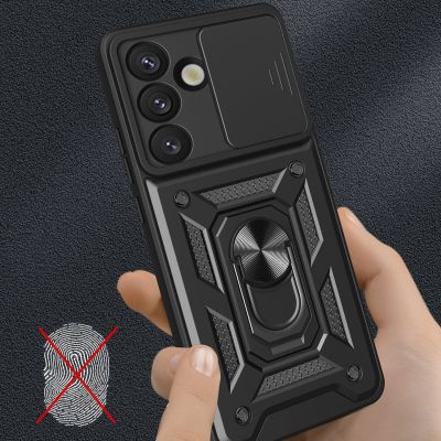 5. Etui pancerne Hybrid Armor Camshield z osłoną aparatu i metalowym ringiem do Samsung Galaxy S25 - czarne