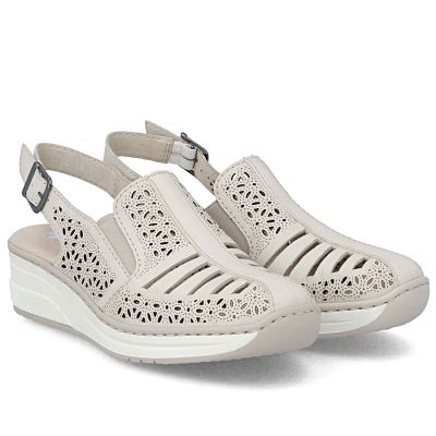 3. Skórzane sandały damskie na koturnie beżowe Rieker 48763-60