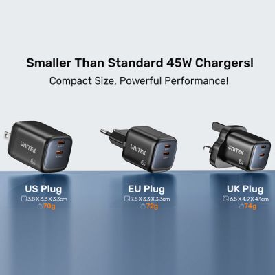 19. UNITEK ŁADOW. SIECIOWA 2X GAN 45W, 2XUSB-C PD 3.0, QC, CZARNA
