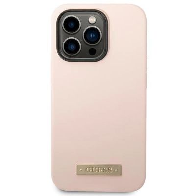 3. Etui Guess Silicone Logo Plate MagSafe na iPhone 14 Pro - różowe