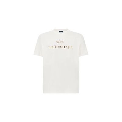 6. Paul&Shark T-shirt bawełniany męski biało-złoty 99311007-10E - klasyczny krój, logo