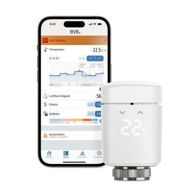 2. Eve Thermo Matter - inteligentny termostat (kompatybilność: Apple Home, Samsung SmartThings, Alexa, Google Home, Home Assistant)