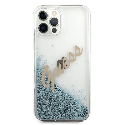 3. Etui Guess Glitter Vintage Script na iPhone 12 Pro Max - niebieskie