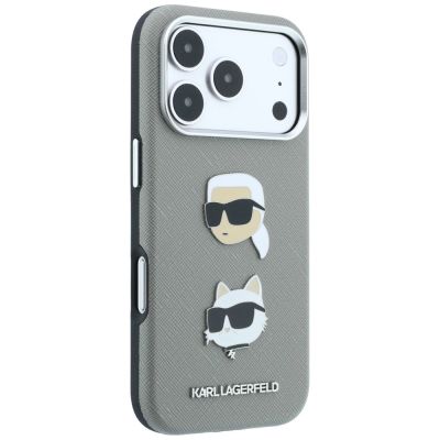 4. Etui Karl Lagerfeld Saffiano with Karl & Choupette Heads Pins & Logo na iPhone 18 Pro Max / 17 Pro Max - szare
