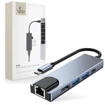 HUB Tech-Protect V3 5w1 USB-C - USB-A 3.0 / USB-A 2.0 / USB-C / HDMI / RJ45 - szary