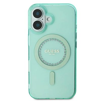 3. Etui Guess IML Rhinestones MagSafe na iPhone 16 - zielone