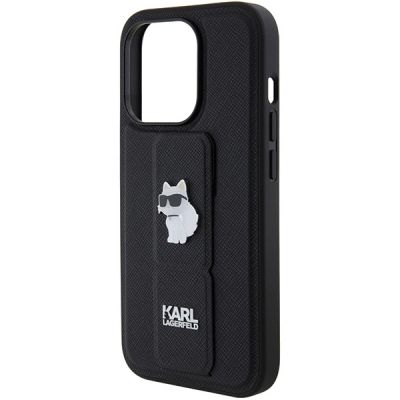 7. Etui Karl Lagerfeld Gripstand Saffiano Choupette Pins na iPhone 15 Pro - czarne