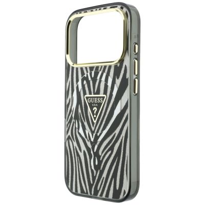 6. Etui Guess IML Zebra Glitter Triangle Logo MagSafe na iPhone 17 Pro Max / 18 Pro Max  - srebrne