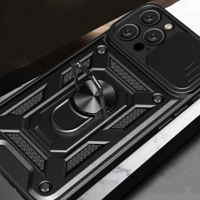 7. Etui Hybrid Armor Camshield na iPhone 16 Pro pancerne z osłoną na aparat z podstawką - czarne
