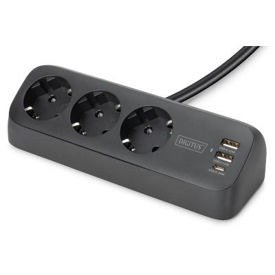 4. Digitus 3-drożna biurowa listwa zasilająca z 2 złączami USB-A i 1 złączem USB-C, czarna