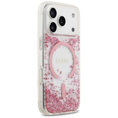 4. Etui Guess Resin Bottom Glitter MagSafe na iPhone 17 Pro - różowe