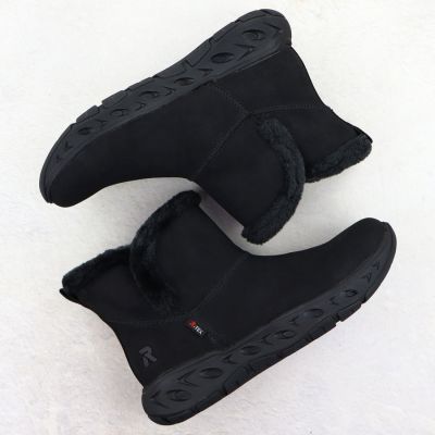 4. Wodoodporne śniegowce damskie botki z futerkiem wsuwane czarne Rieker M6554-00