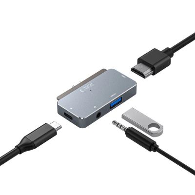 3. HUB Tech-Protect V6 4w1 USB-C - USB-A 3.0 / USB-C PD100W / HDMI / mini jack 3.5mm - szary
