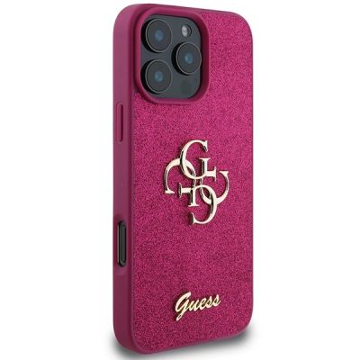 4. Etui Guess Glitter Script Big 4G na iPhone 16 Pro - fioletowe