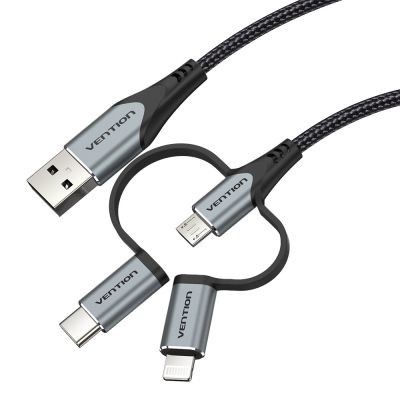 7. Kabel Vention USB-A  3w1 Micro-B USB-C Lightning 1m szary