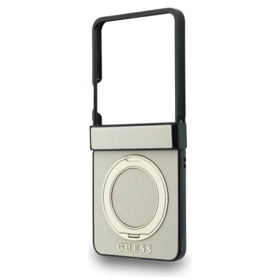 5. Etui Guess Magnetic Ring Stand Grained Classic Logo MagSafe na Samsung Galaxy Z Flip 8 - beżowe