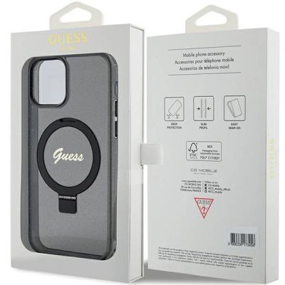 8. Etui Guess Ring Stand Script Glitter MagSafe na iPhone 12/12 Pro - czarne
