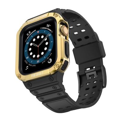 2. Pasek z etui ochronnym Protect Strap Band do Apple Watch 42 / 44 / 45 mm opaska obudowa pancerna - czarny, złoty