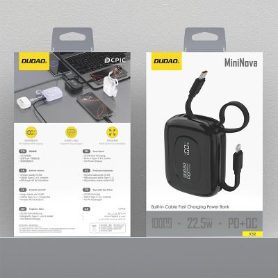 7. Powerbank Dudao K32 22,5W 10000 mAh z wbudowanym kablem USB-C/Lightning - czarny
