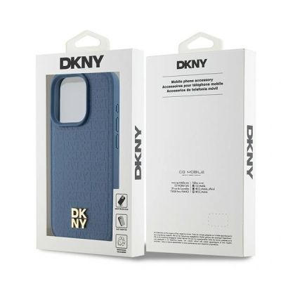 11. Etui DKNY Leather Monogram Pattern Metal Logo MagSafe na iPhone 15 Pro - niebieskie
